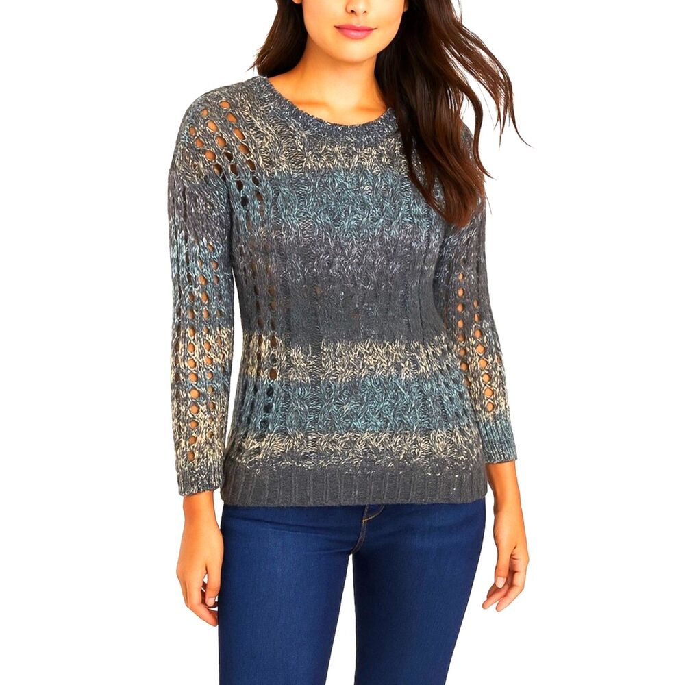 Coldwater Creek Blue Ombre Open Cable Knit Striped Crewneck LS Sweater Size L
